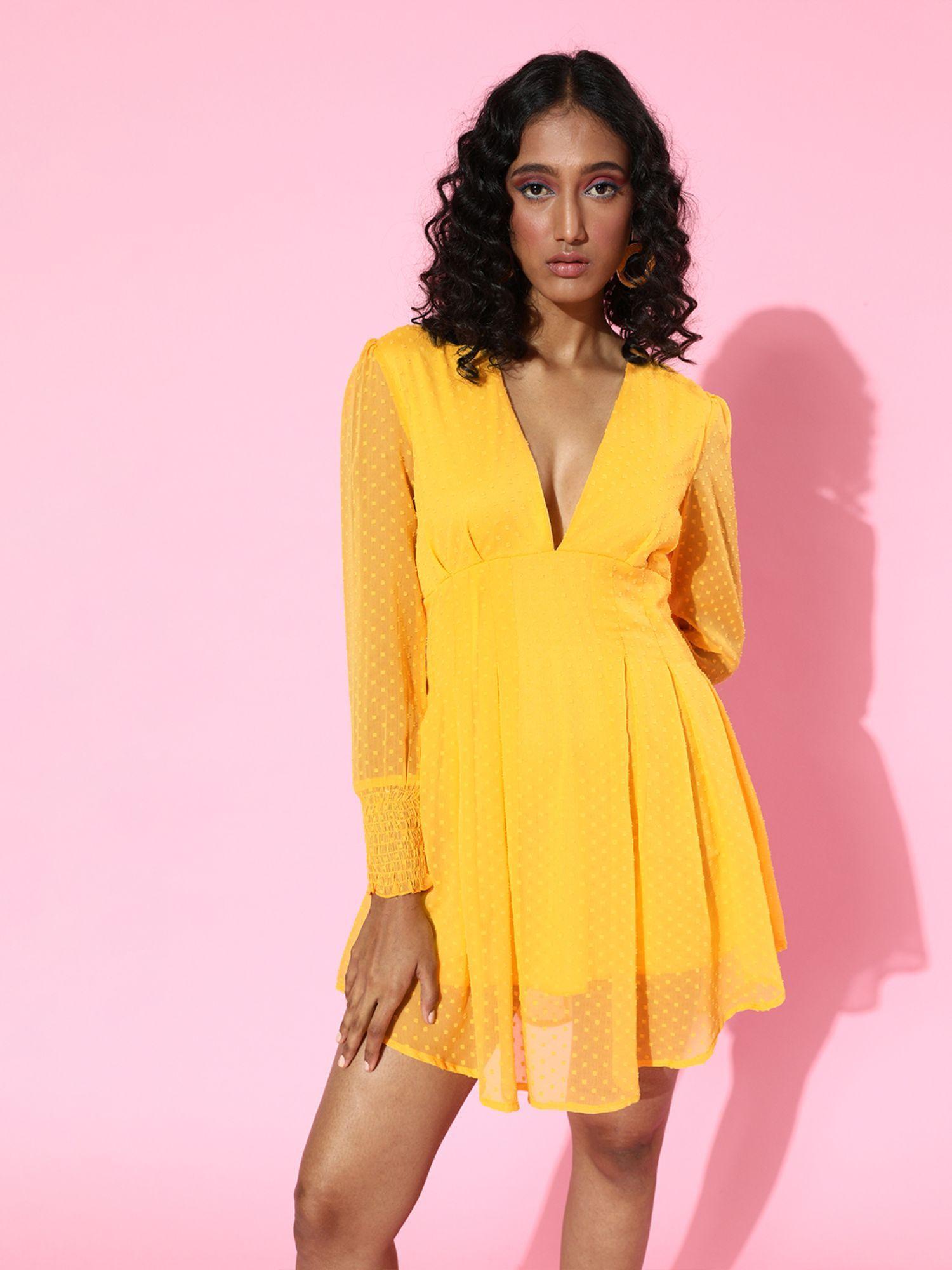 bright yellow self design dress