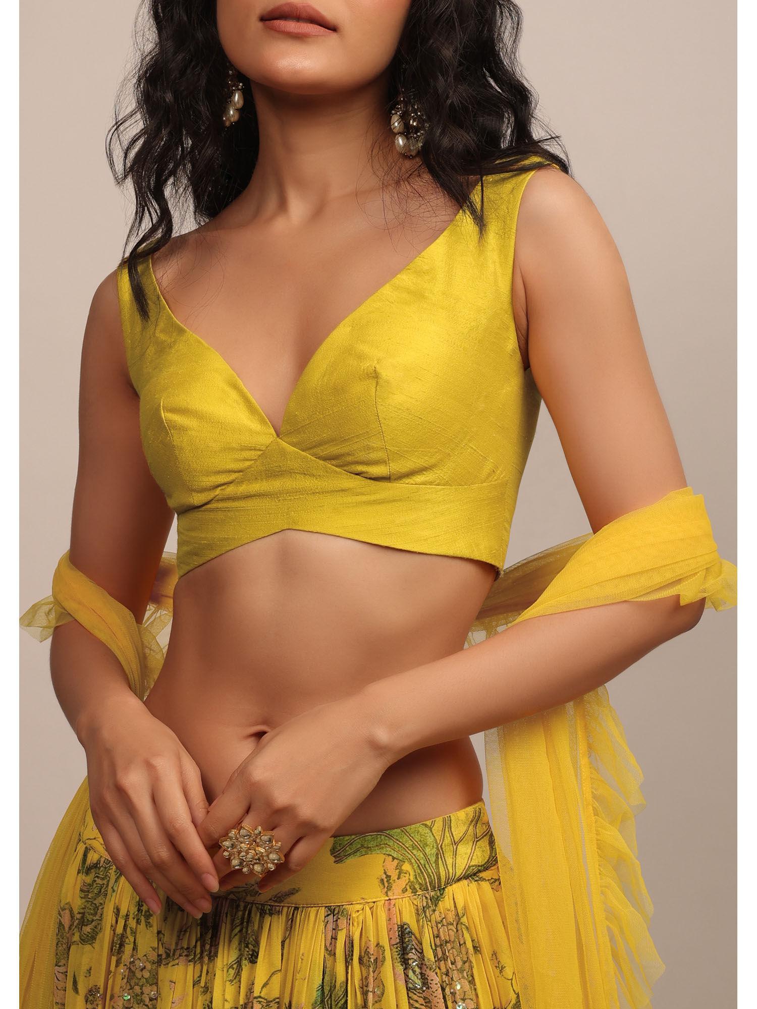 bright yellow sleeveless blouse with plunging neckline in raw silk