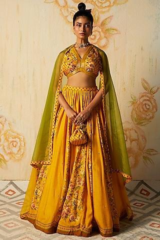 bright yellow tussar printed & embroidered lehenga set