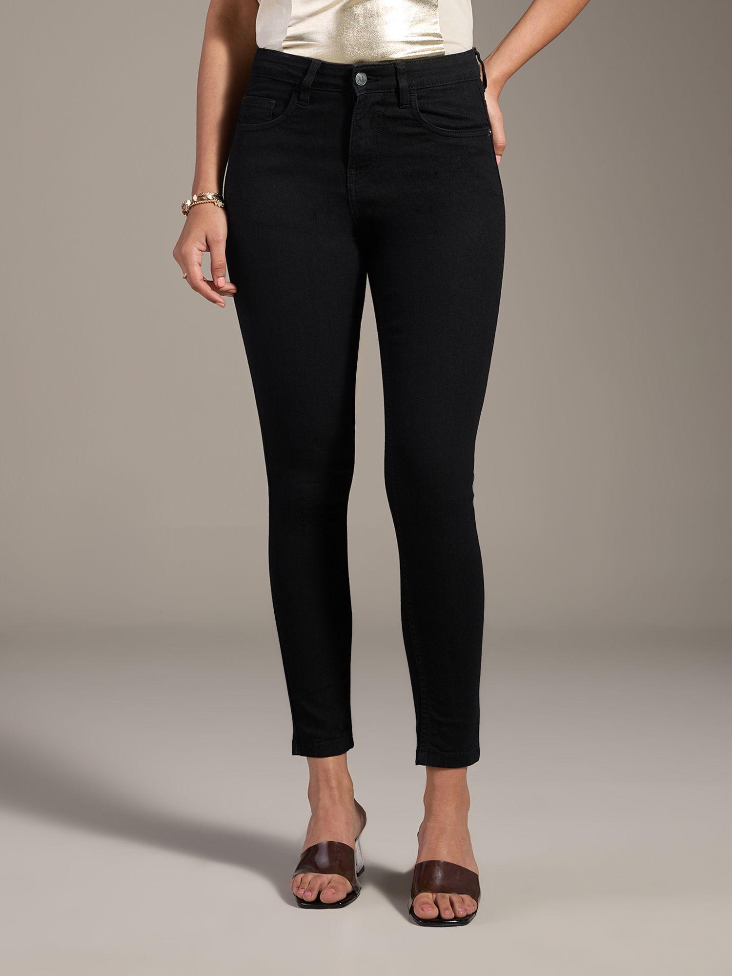 brigitte black solid ankle length skinny fit denim jeans