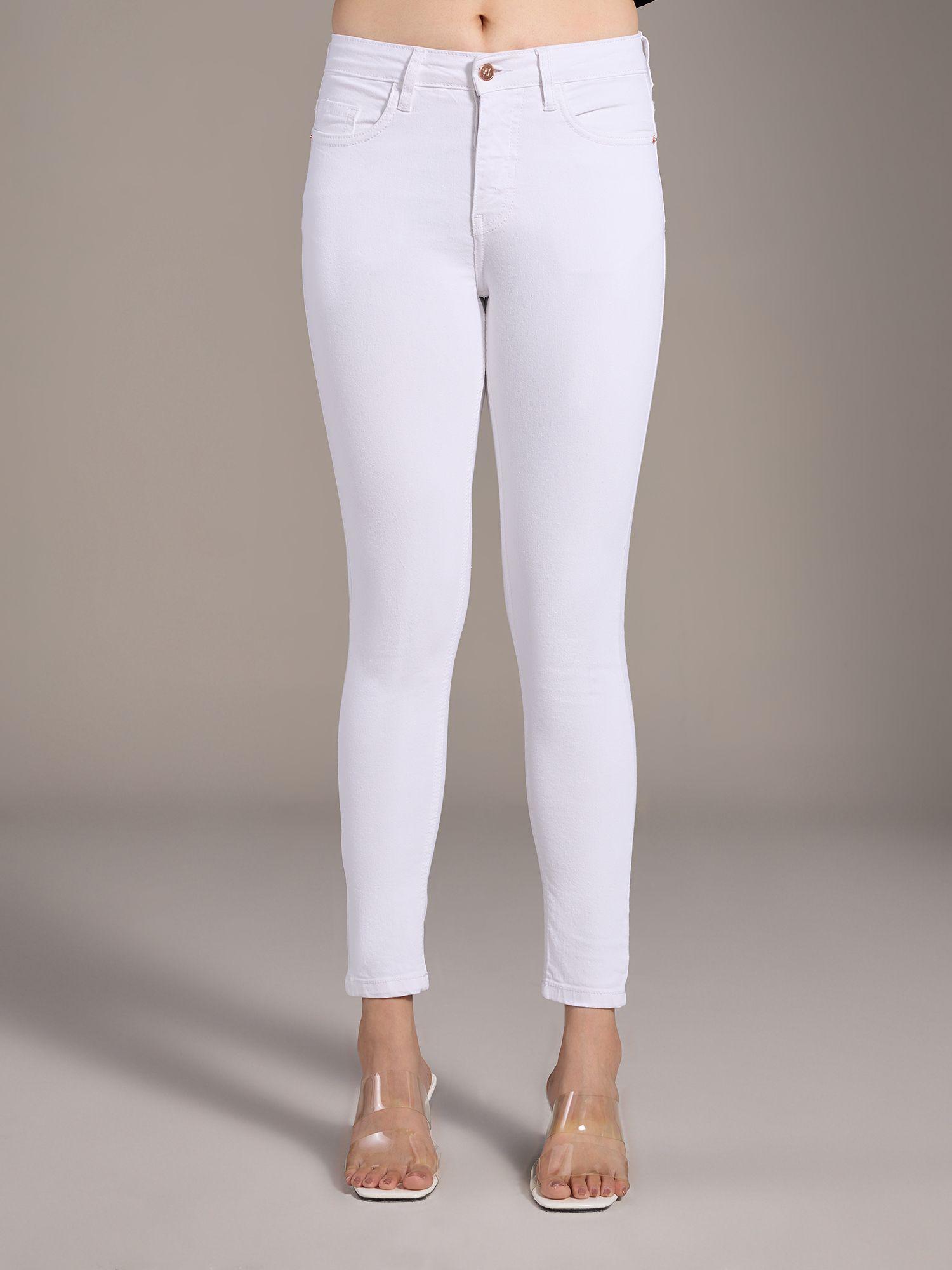 brigitte white solid ankle length skinny fit denims