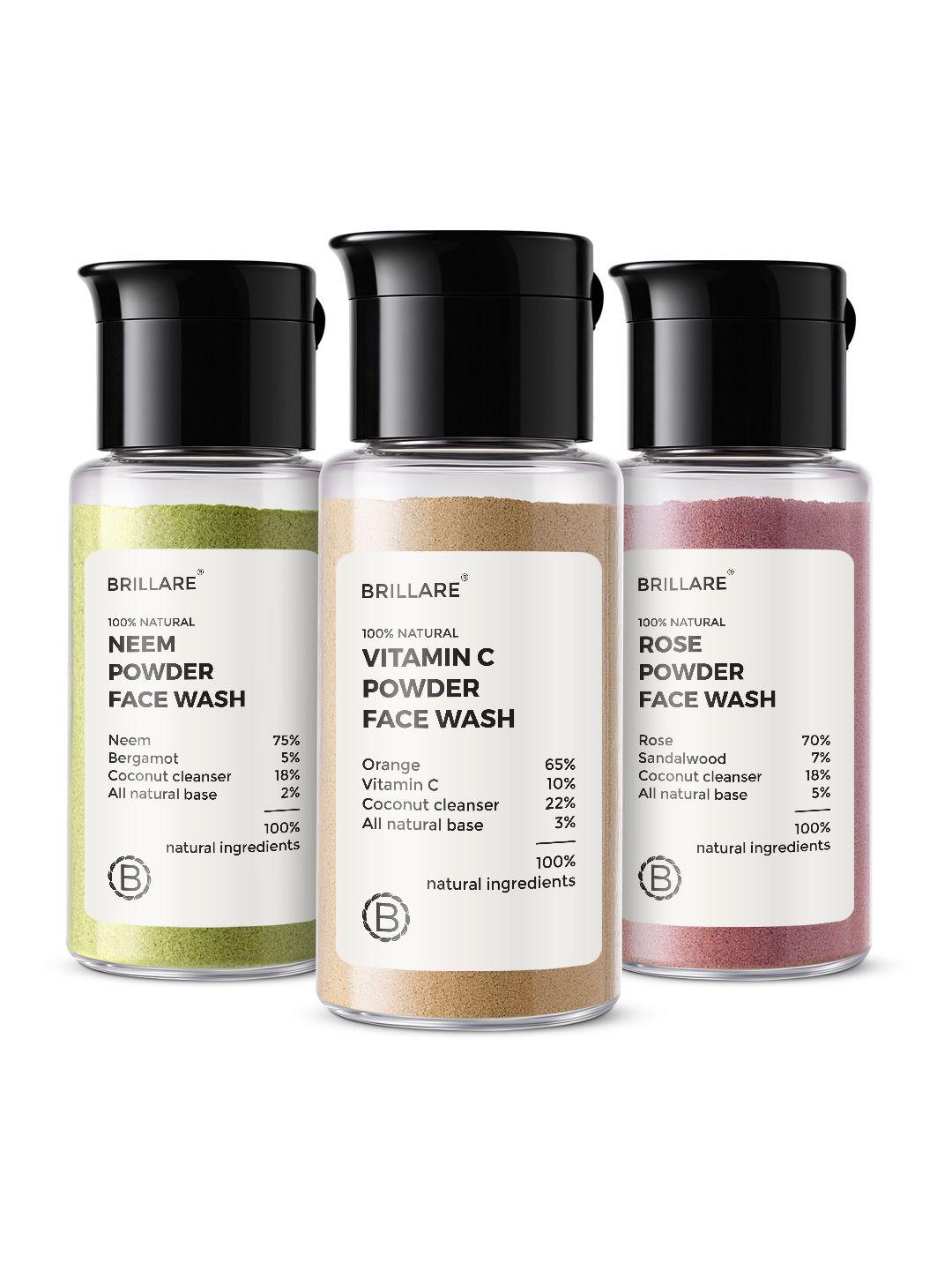 brillare set of 3 powder sustainable face wash - real neem + real vitamin c + real rose - 15g each