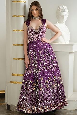 brinjal purple tulle & silk sequins embellished corset gown