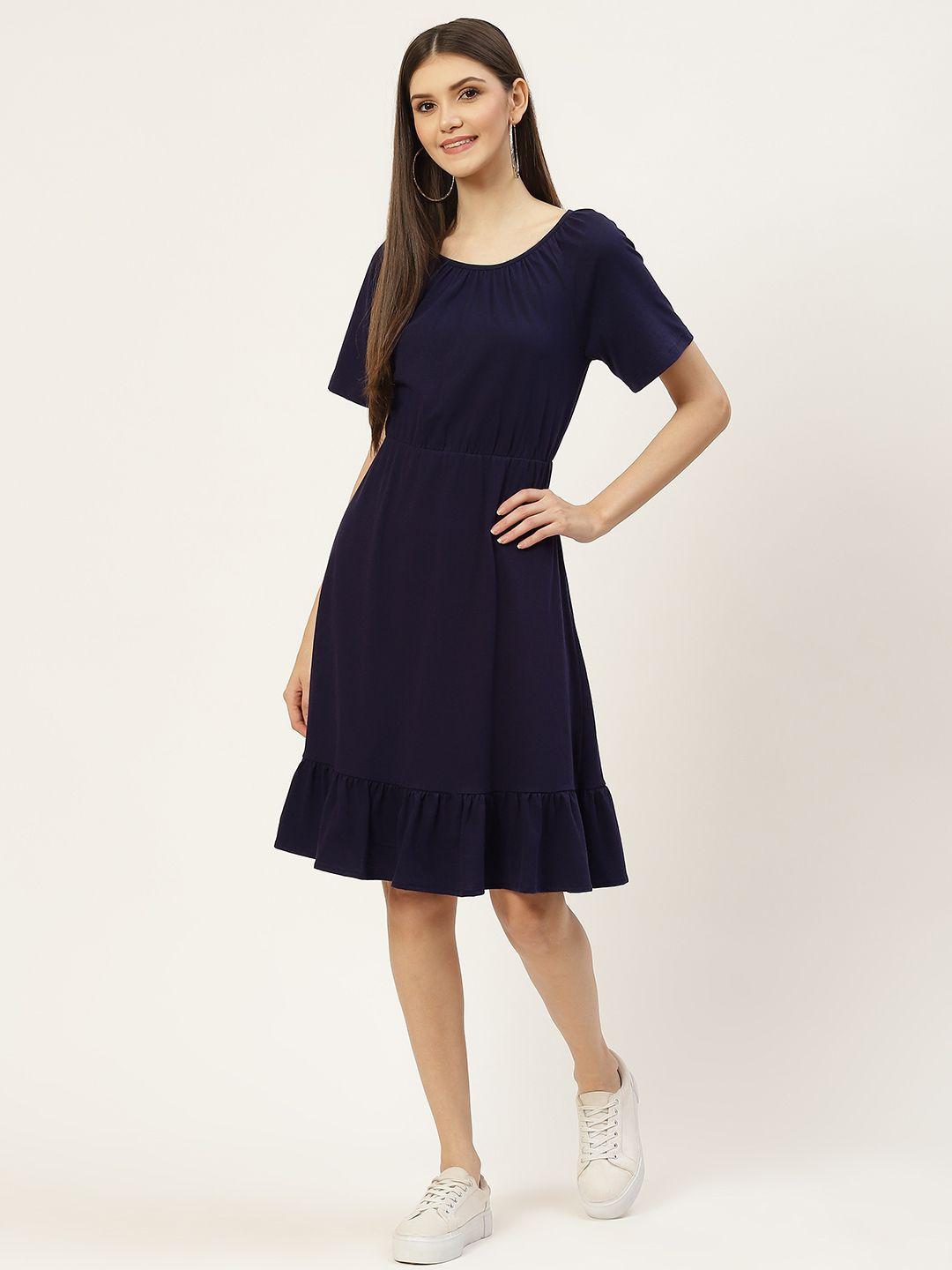 brinns navy blue solid pure cotton fit and flare midi dress
