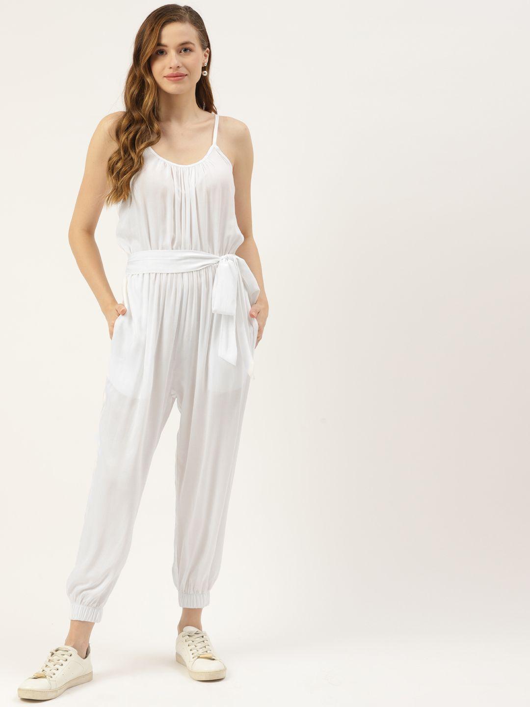 brinns white solid jogger jumpsuit with belt
