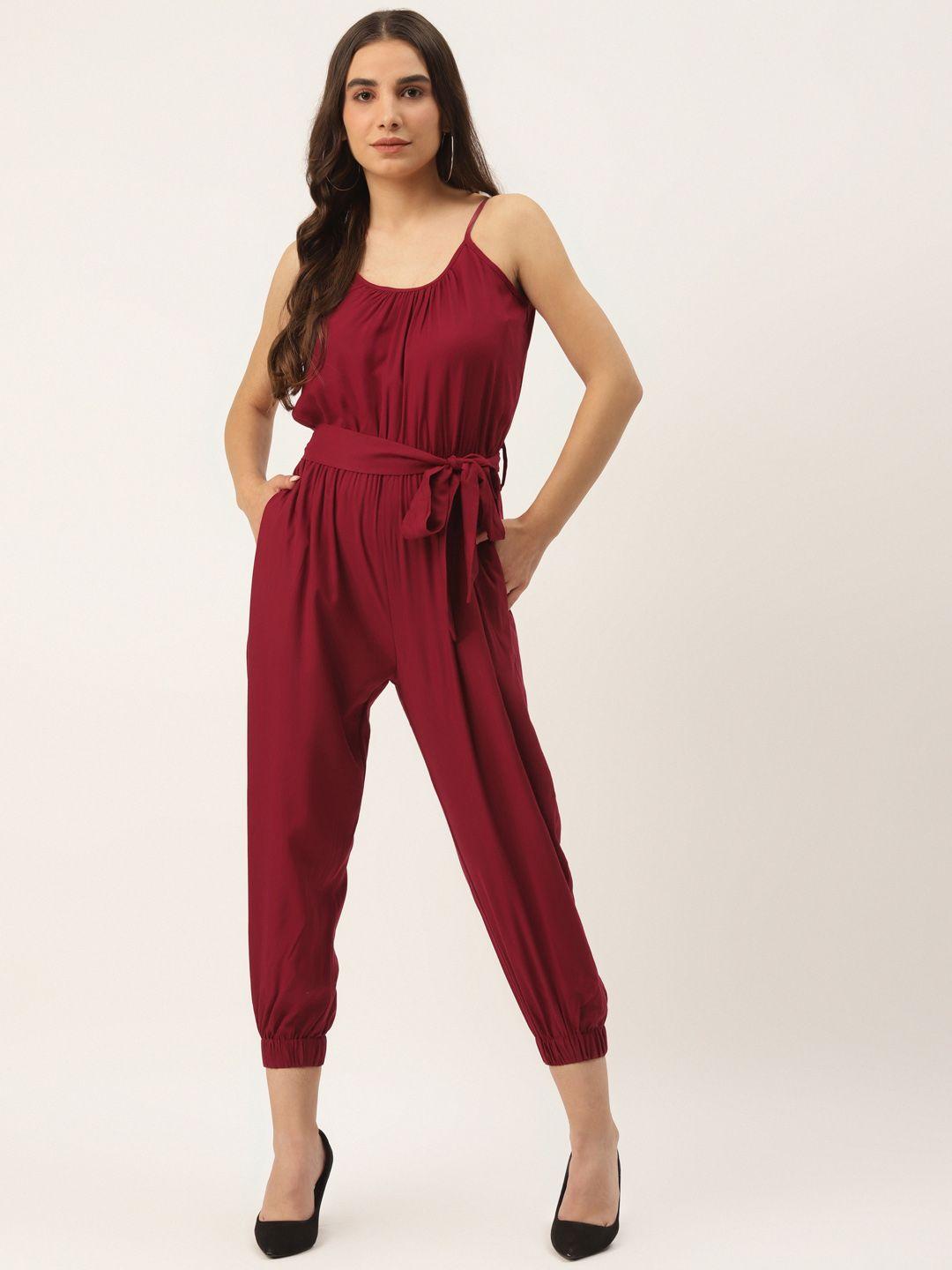 brinns women maroon solid basic cropped jumpsuit with tie-up detail