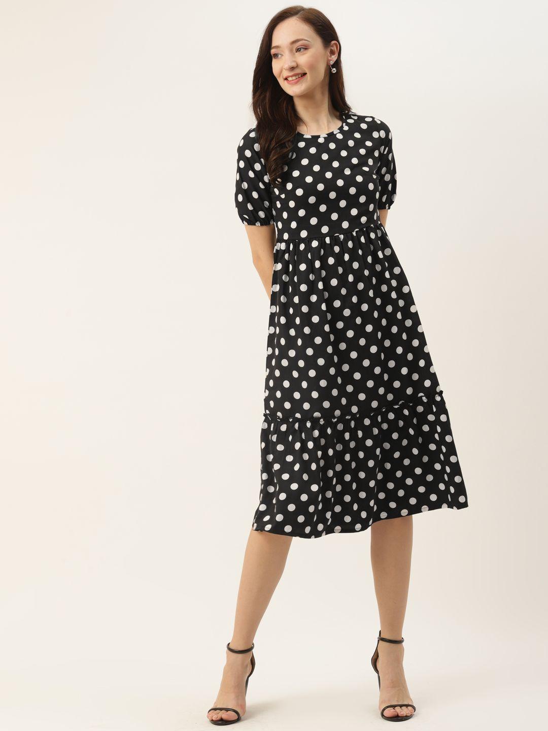 brinns black & white polka dot printed crepe midi dress