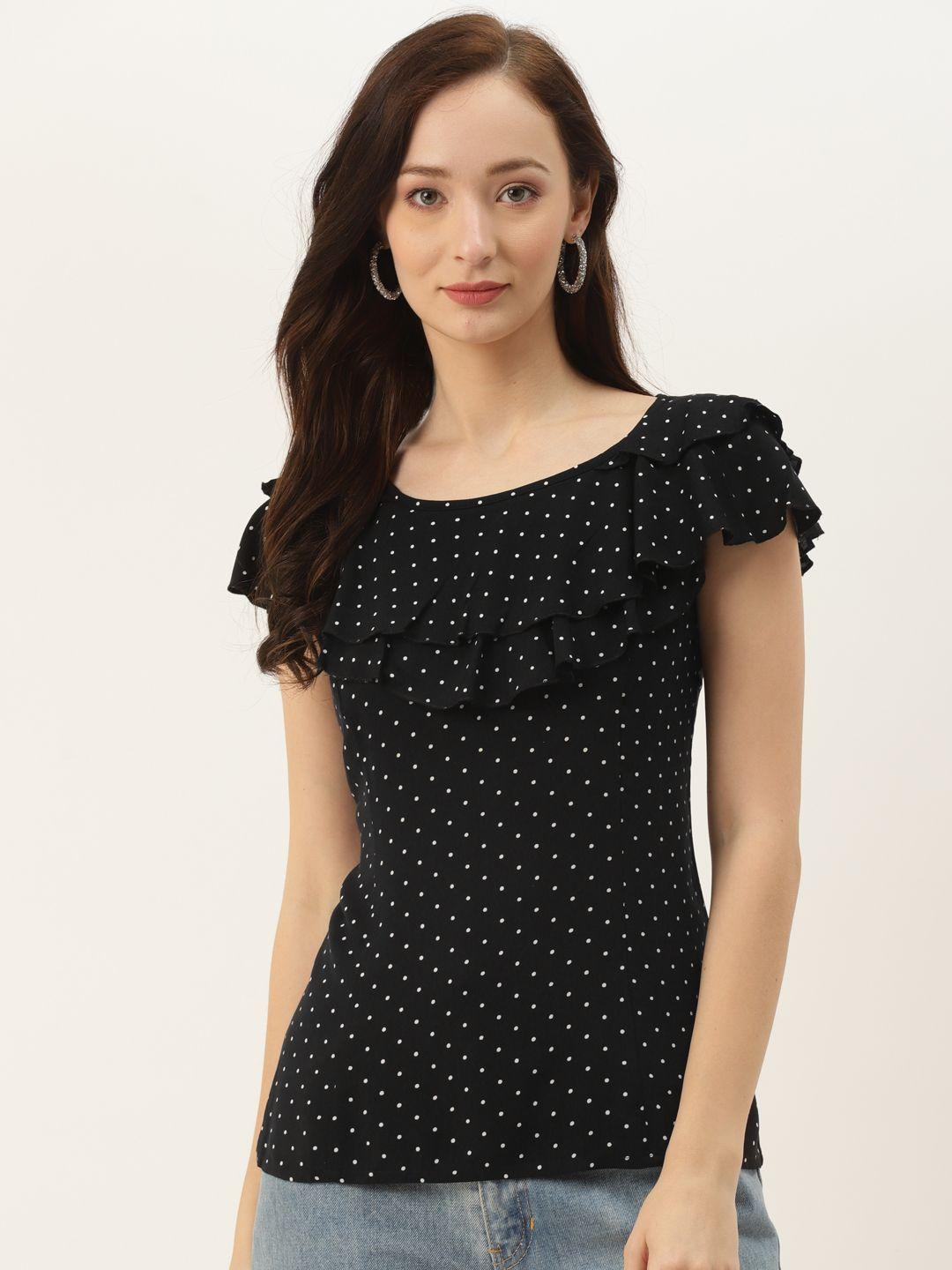 brinns black & white polka dots ruffles regular top