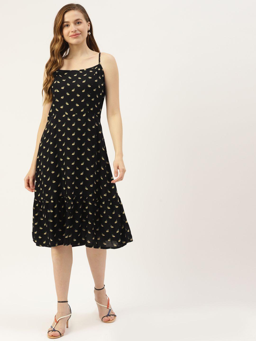 brinns black & yellow lemon print fit & flare midi dress