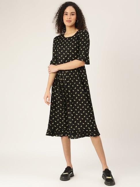 brinns black floral print midi a line dress