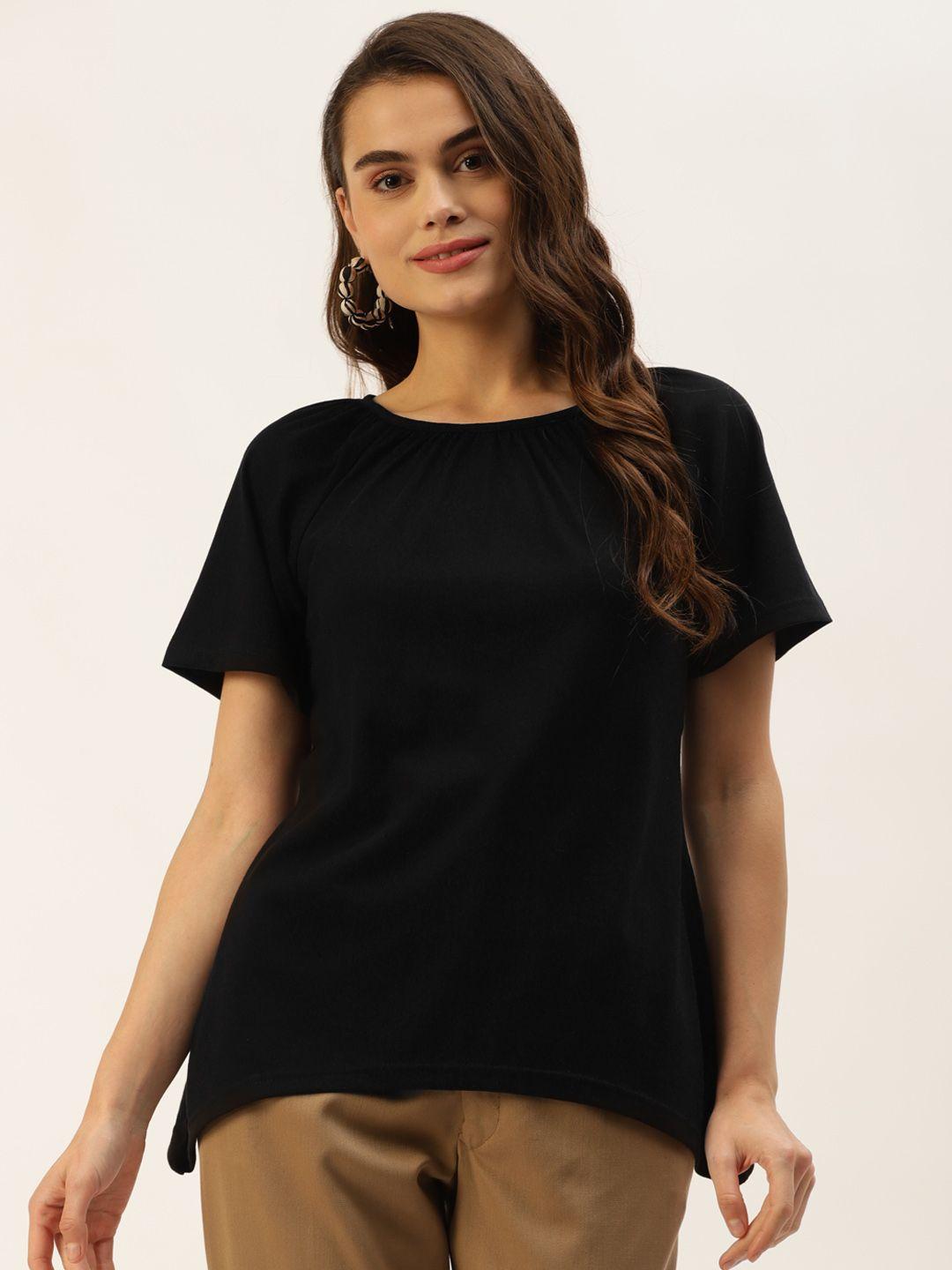 brinns black solid pure cotton curved hem top