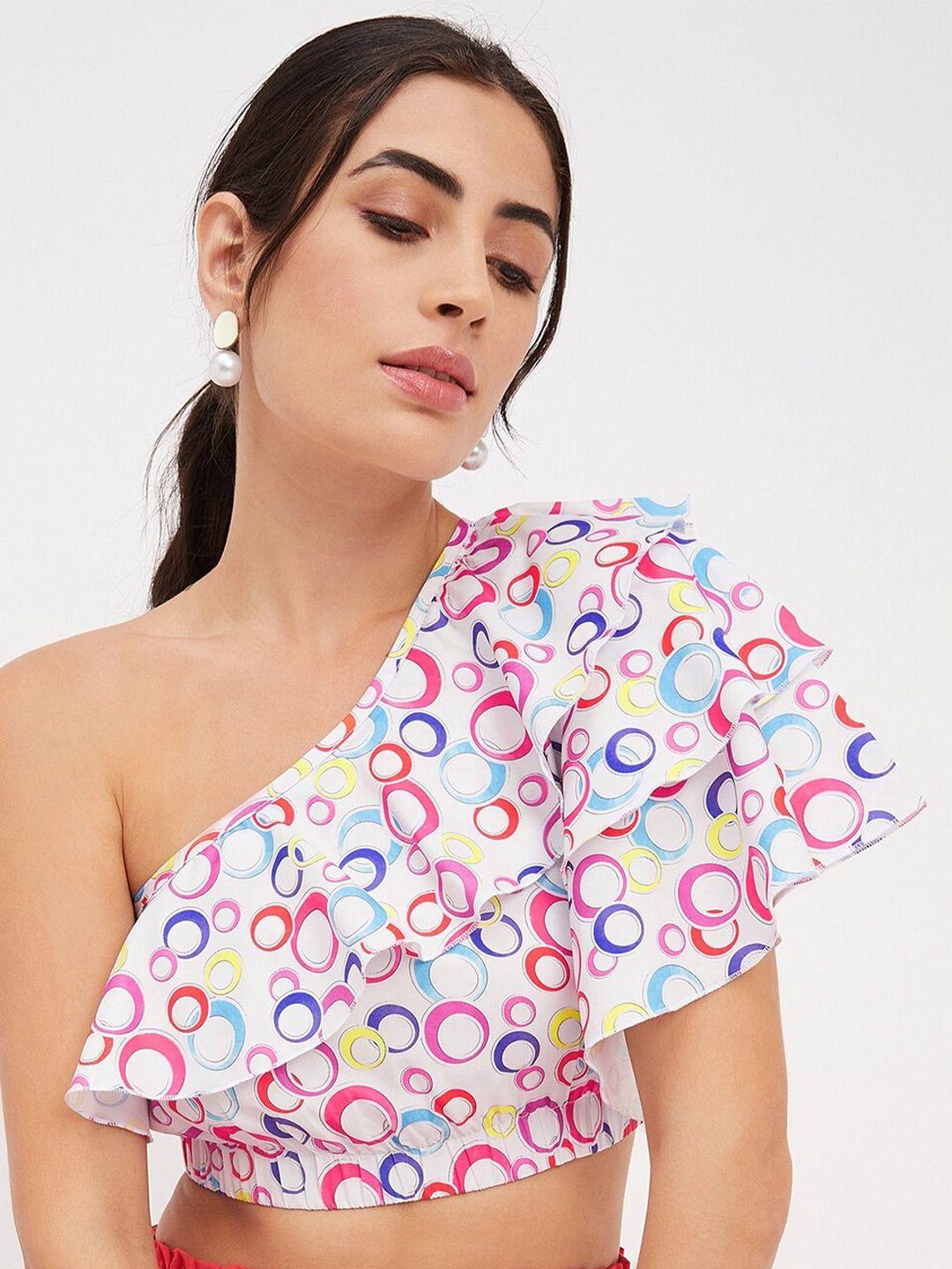 brinns geometric printed one shoulder ruffles regular crop top