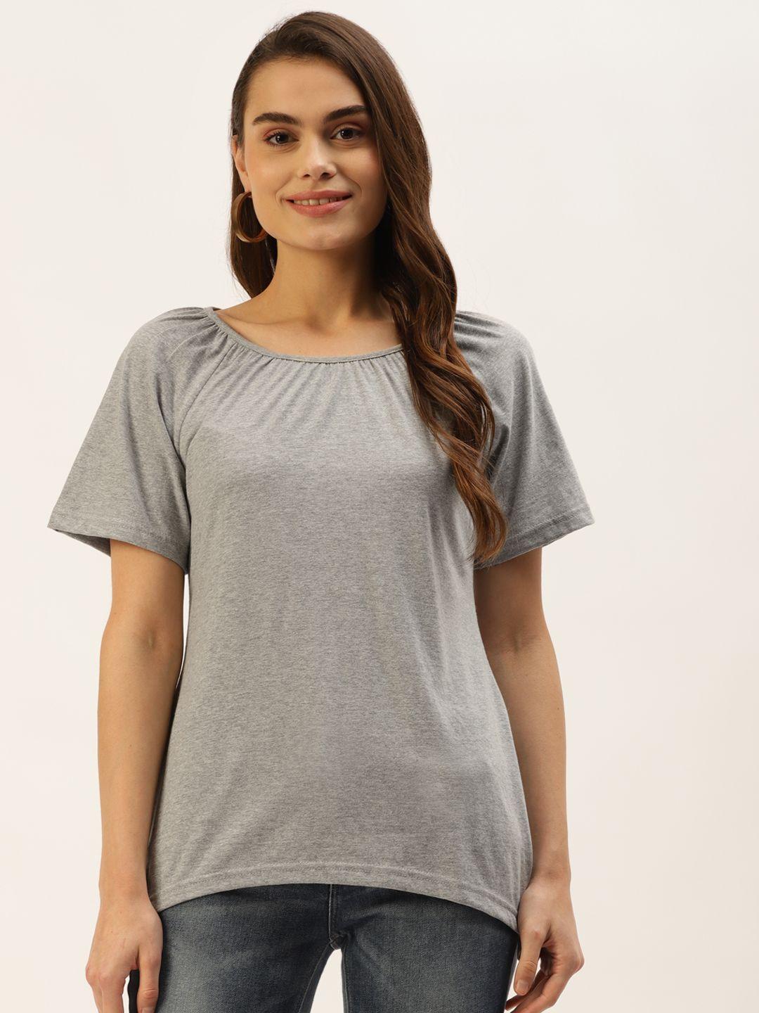 brinns grey melange solid pure cotton curved hem top