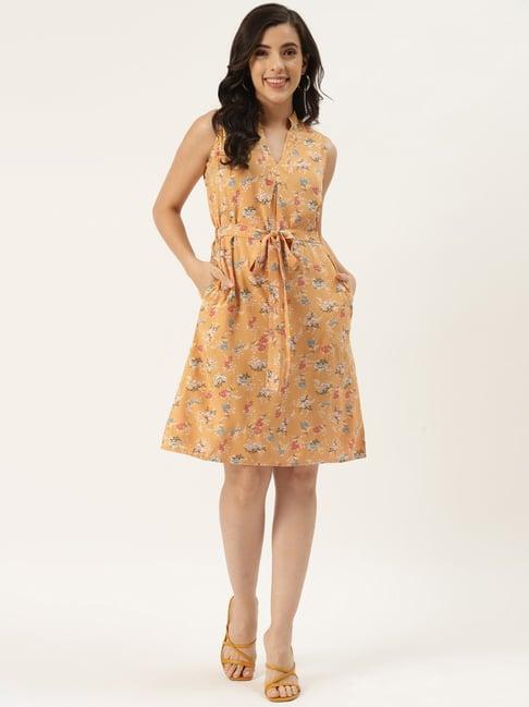 brinns light orange floral print midi a line dress