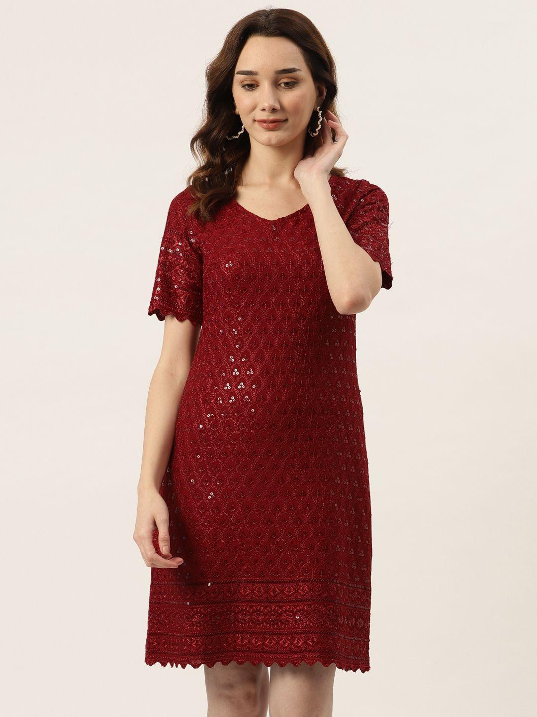 brinns maroon embellished lace sheath dress