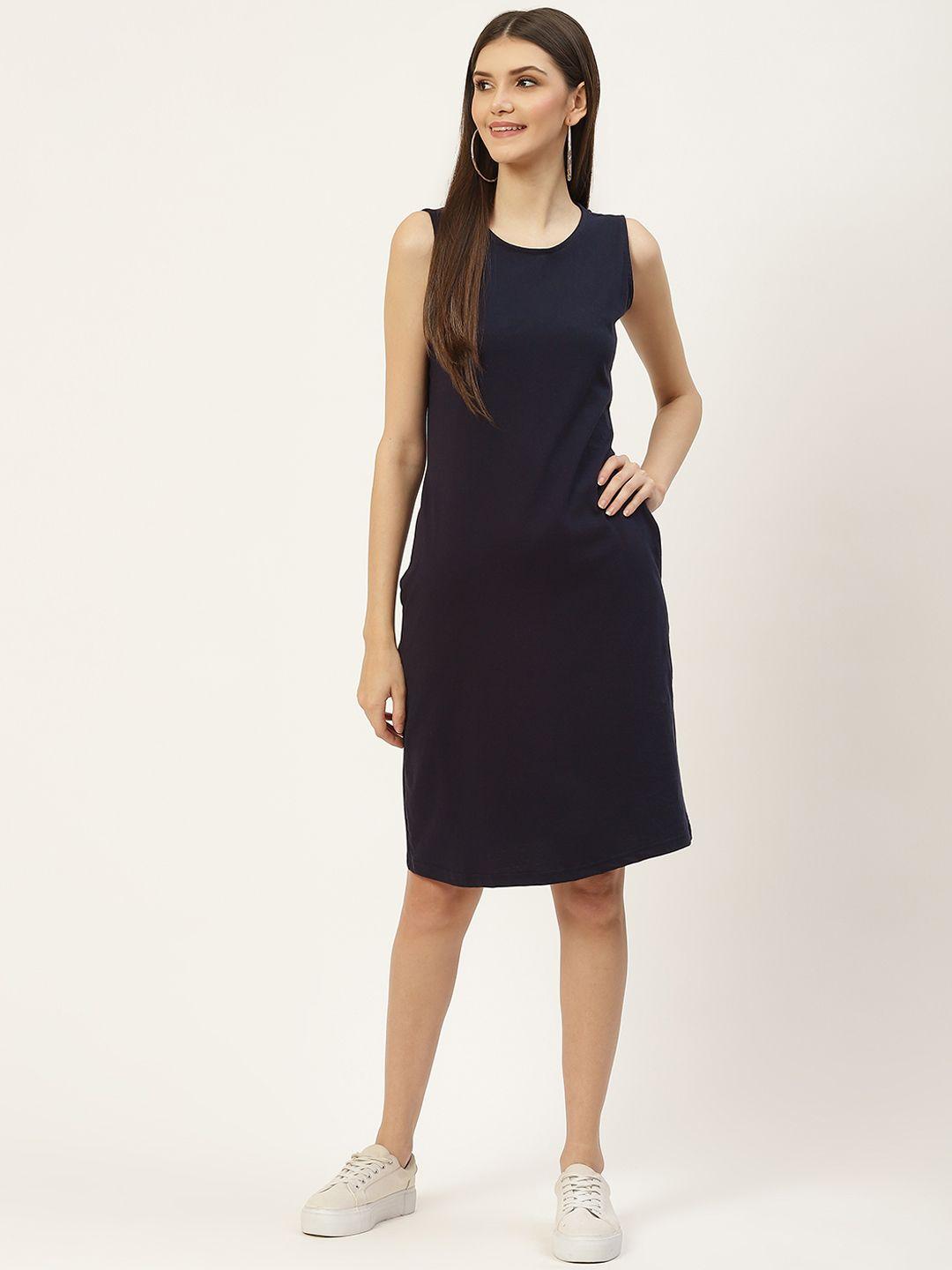 brinns navy blue solid pure cotton a-line midi dress