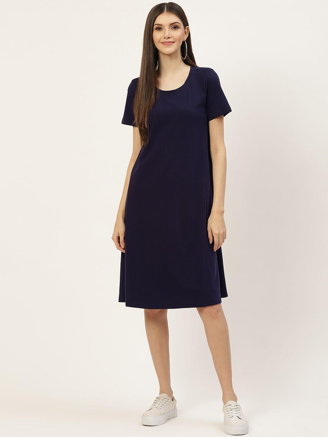 brinns navy blue solid pure cotton a-line midi dress