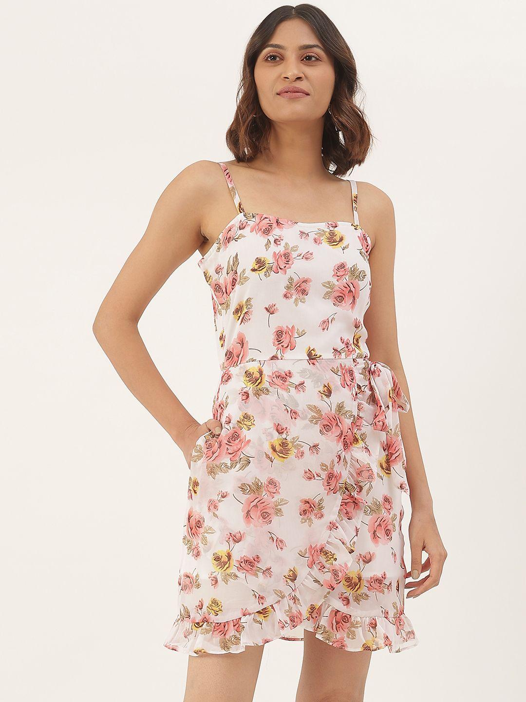 brinns off white & pink floral layered georgette a-line dress