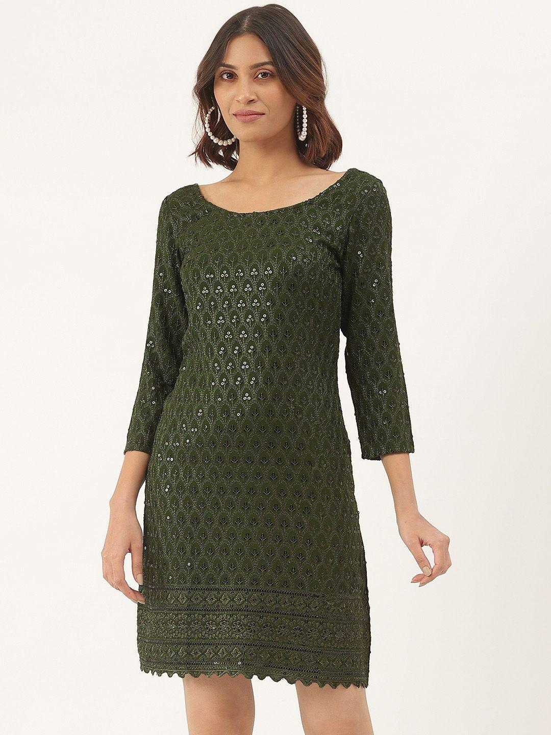 brinns olive green embellished a-line dress