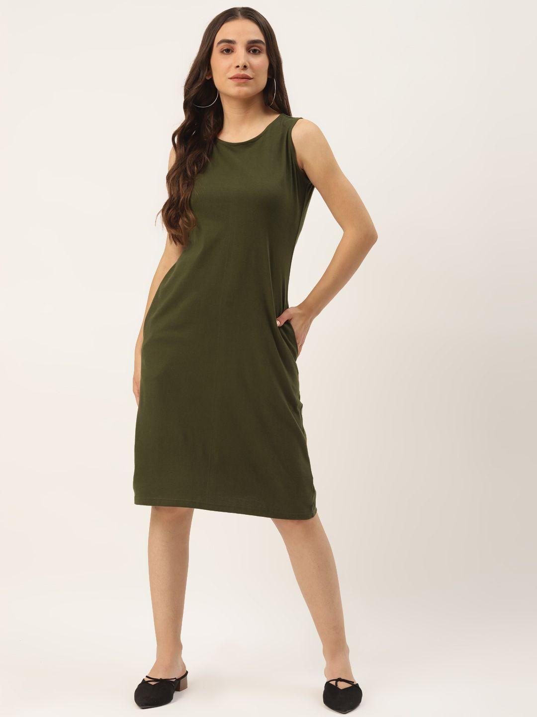 brinns olive green pure cotton solid  a-line dress