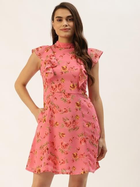 brinns pink floral print midi fit & flare dress