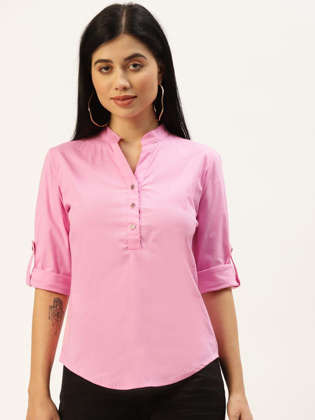 brinns pink mandarin collar roll-up sleeves top