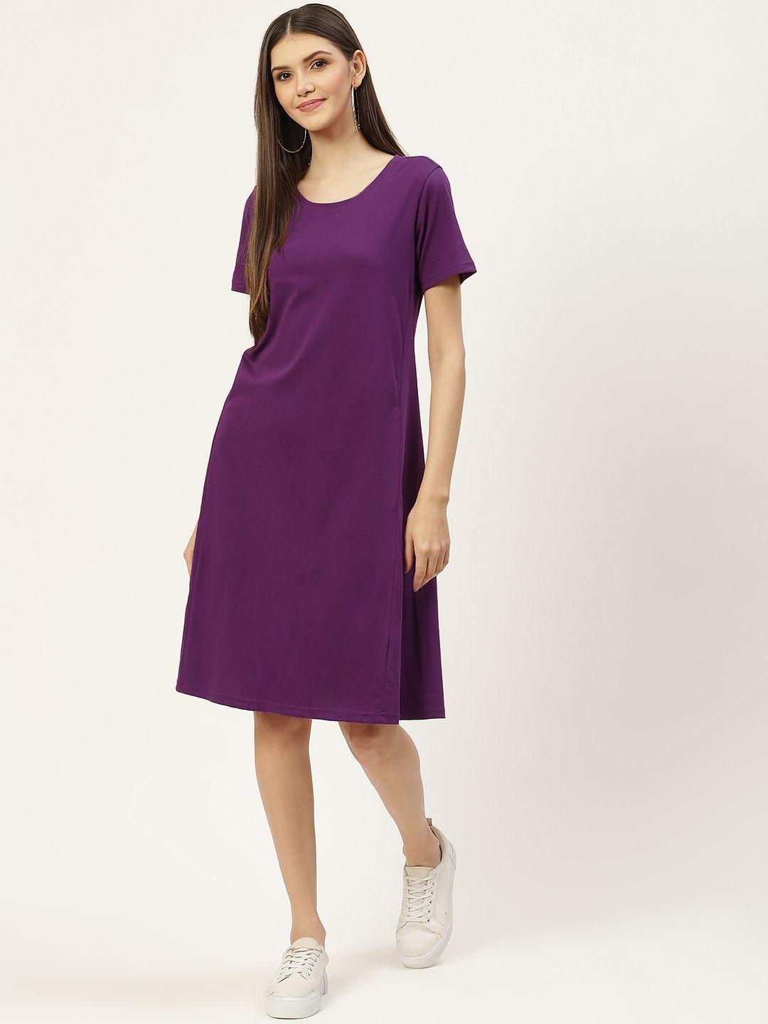 brinns purple solid pure cotton a-line midi dress