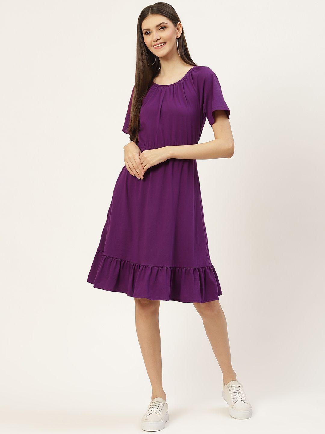 brinns purple solid pure cotton fit and flare midi dress