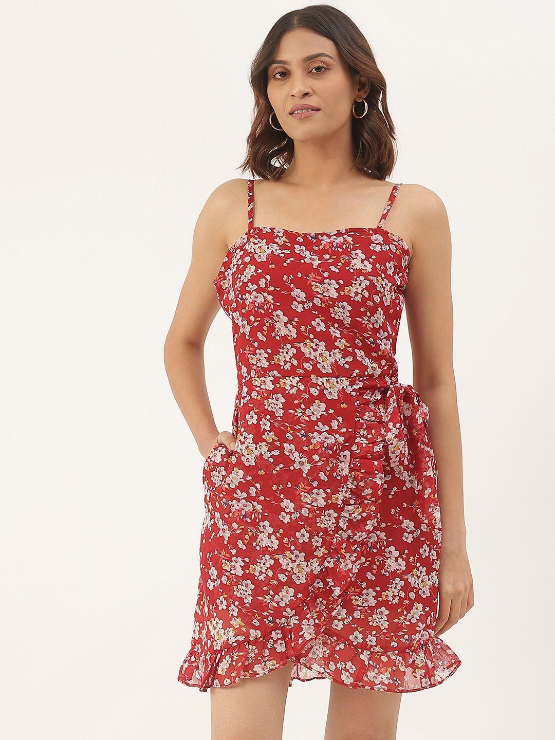 brinns red & white floral layered georgette a-line dress