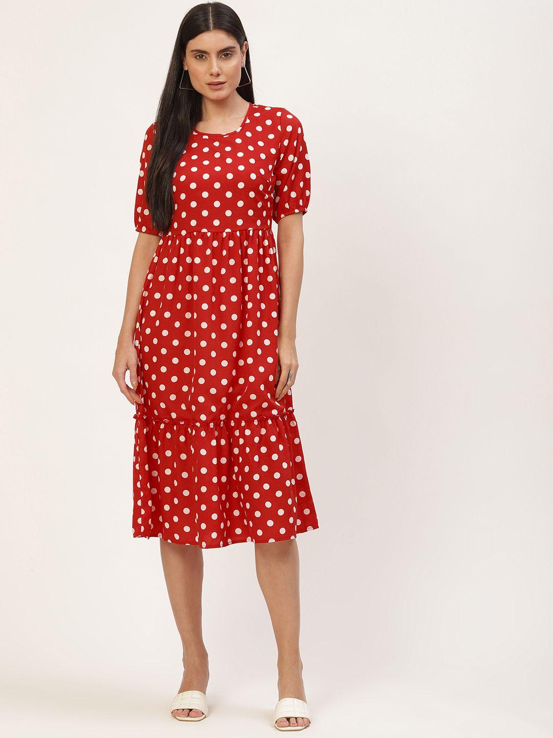 brinns red & white polka dots crepe a-line midi dress
