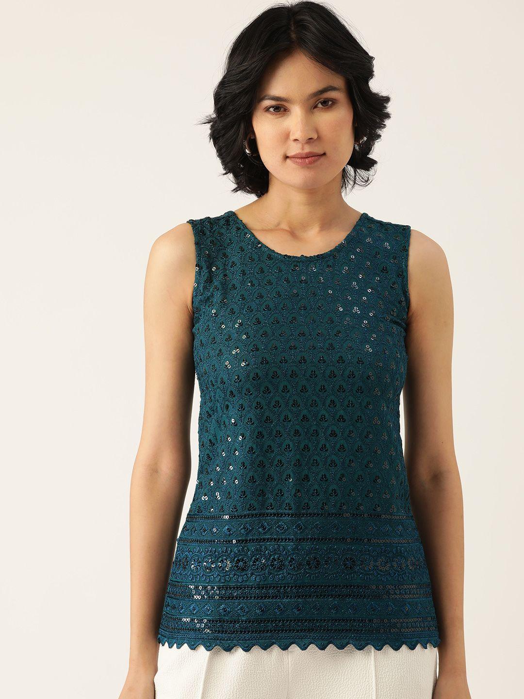 brinns teal green embroidered sequin detail tank top