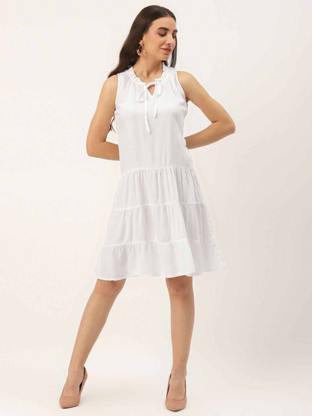 brinns white solid fit & flare dress with tie-ups