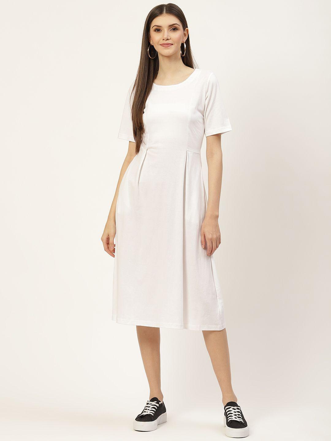 brinns white solid pure cotton a-line midi dress