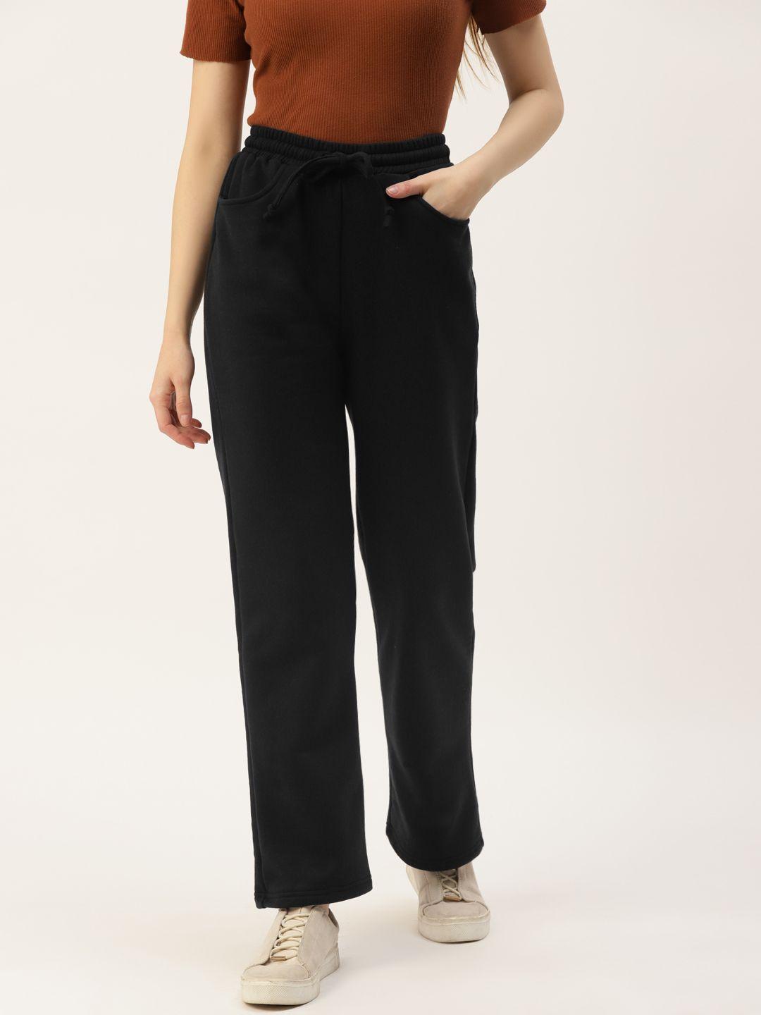 brinns women black solid relaxed straight fit trousers