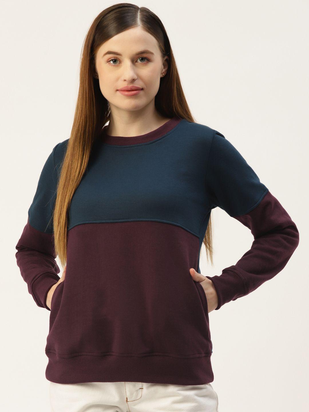 brinns women burgundy & teal blue colourblocked sweatshirt