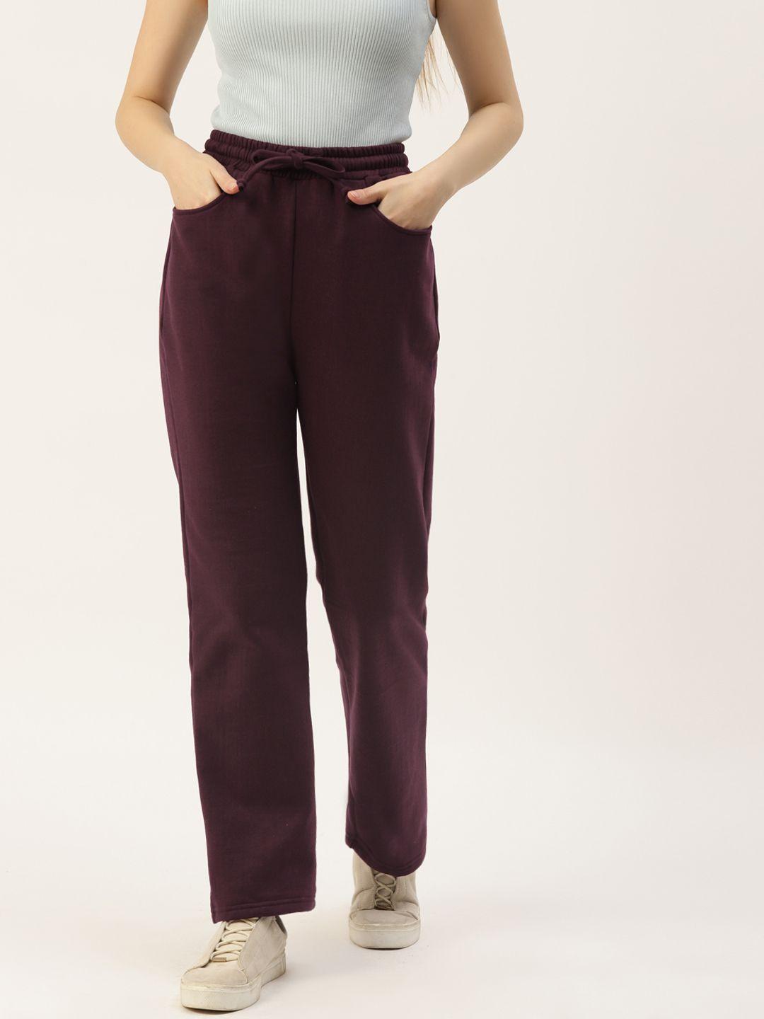 brinns women burgundy solid relaxed straight fit trousers