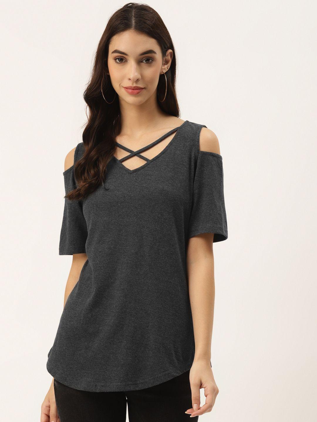 brinns women charcoal grey cotton solid cold-shoulder sleeves top