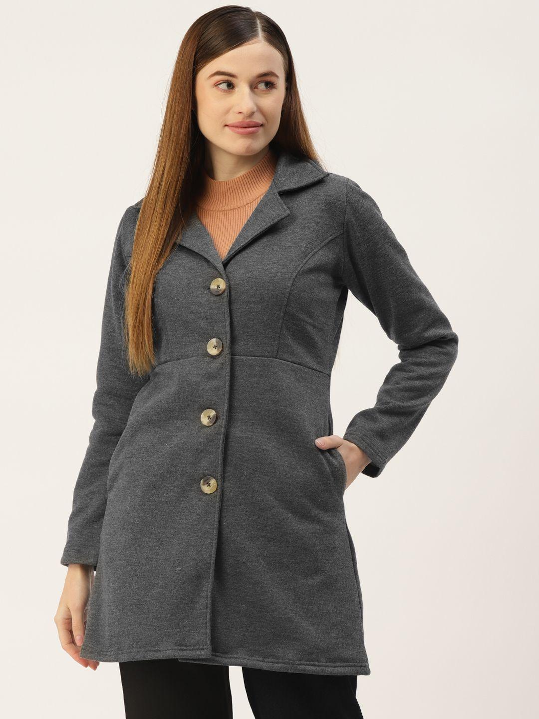 brinns women charcoal grey single-breasted solid overcoat