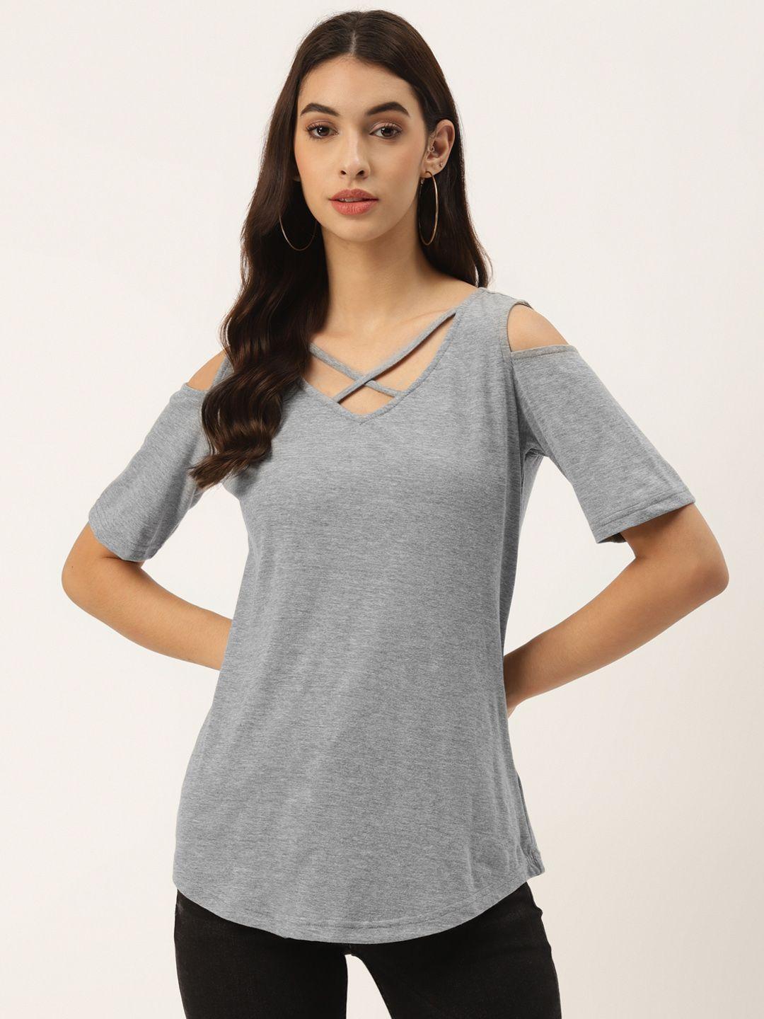 brinns women grey melange cotton solid cold-shoulder sleeves top