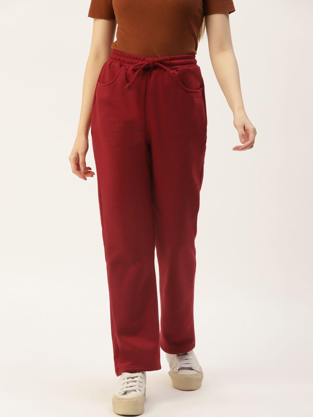 brinns women maroon solid relaxed straight fit trousers