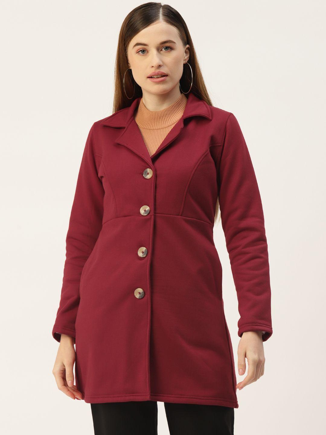 brinns women maroon solid single-breasted overcoat