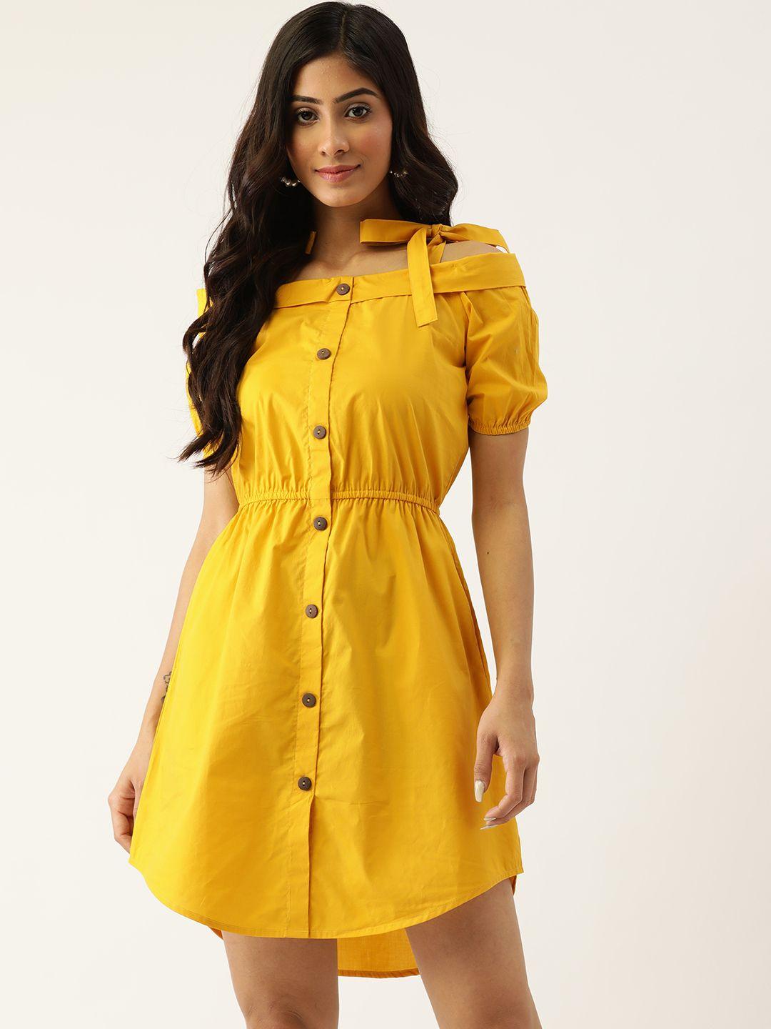 brinns women mustard yellow solid off-shoulder sheath mini dress