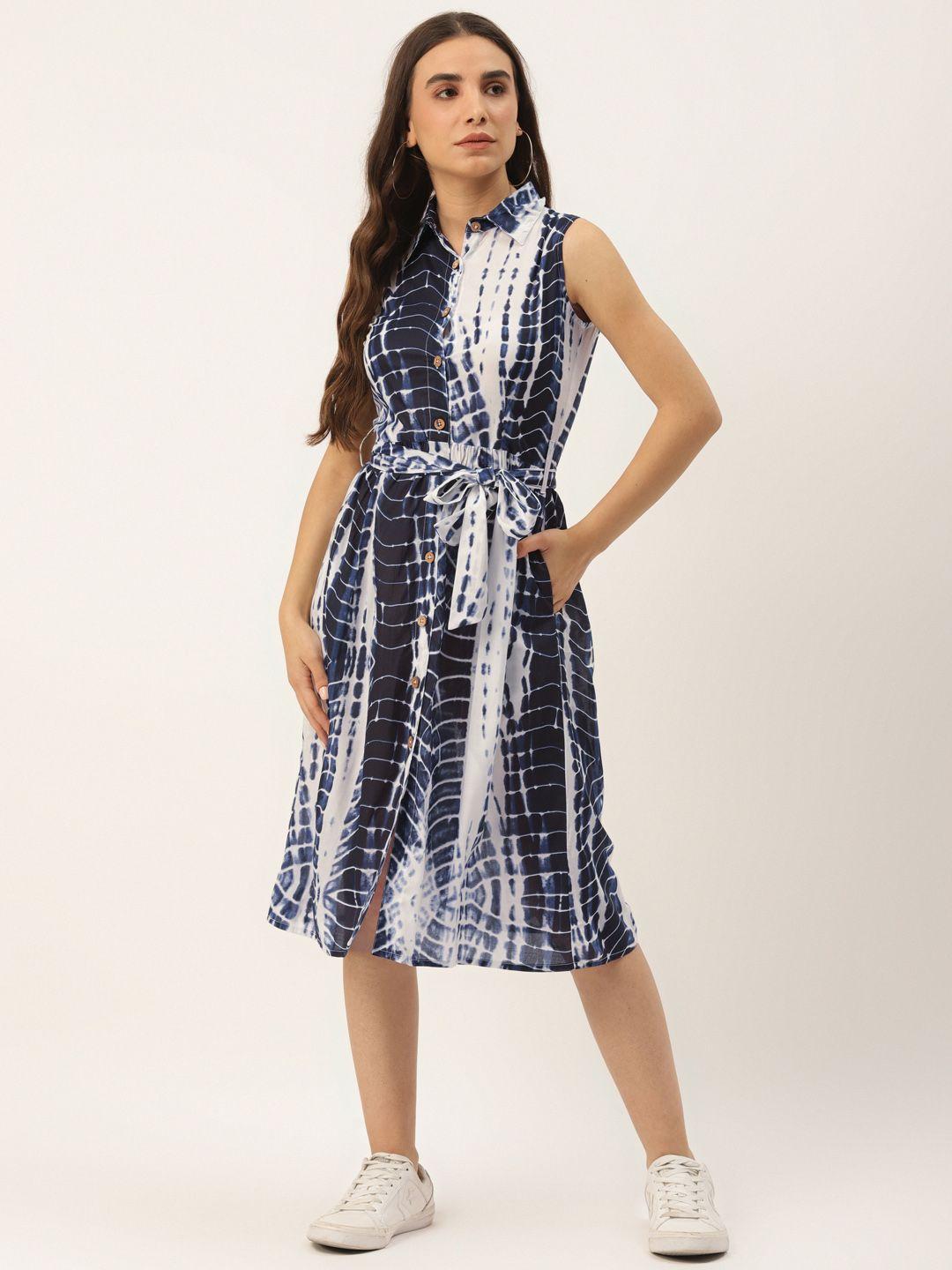 brinns women navy blue & white tie and dye print a-line midi dress