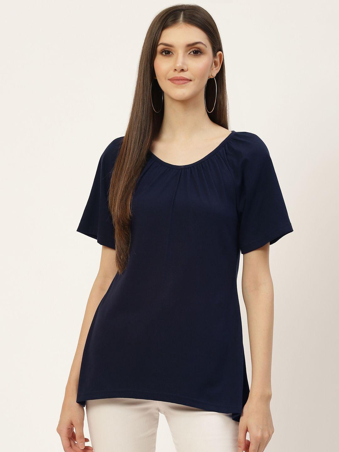 brinns women navy blue solid pure cotton t-shirt