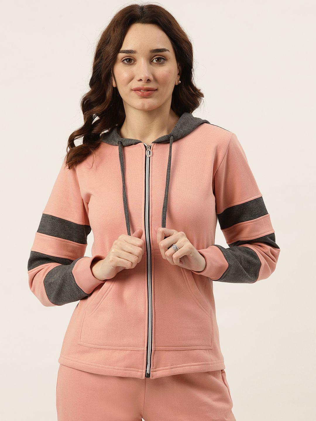 brinns women nude pink & grey striped fleece hooded sweatshirt