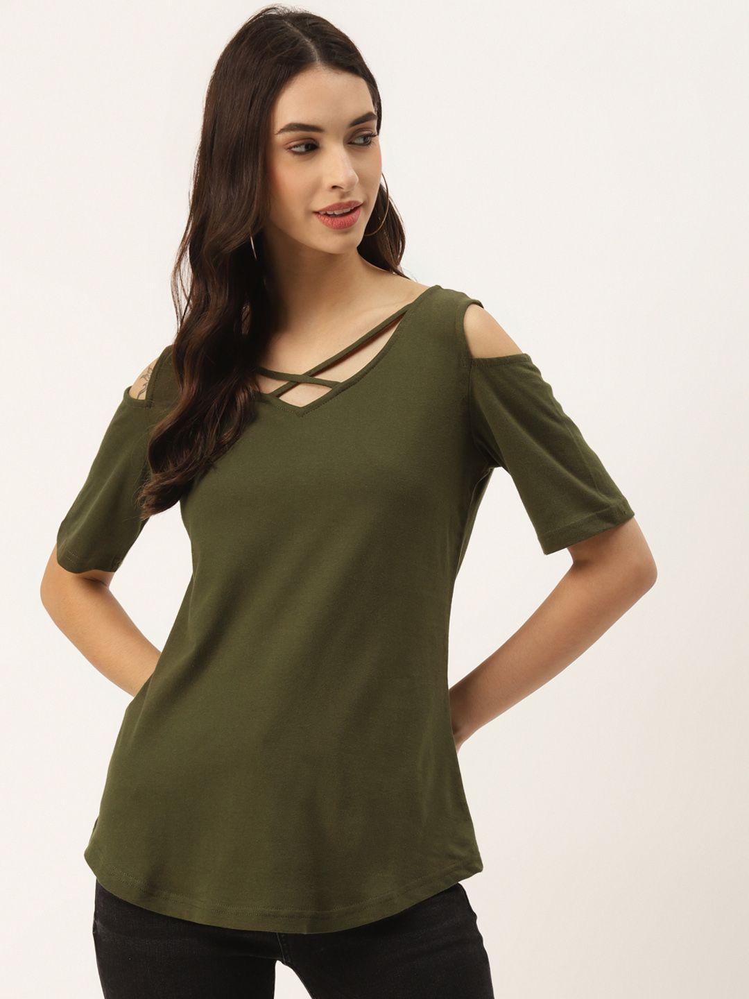 brinns women olive green cotton solid cold-shoulder sleeves top