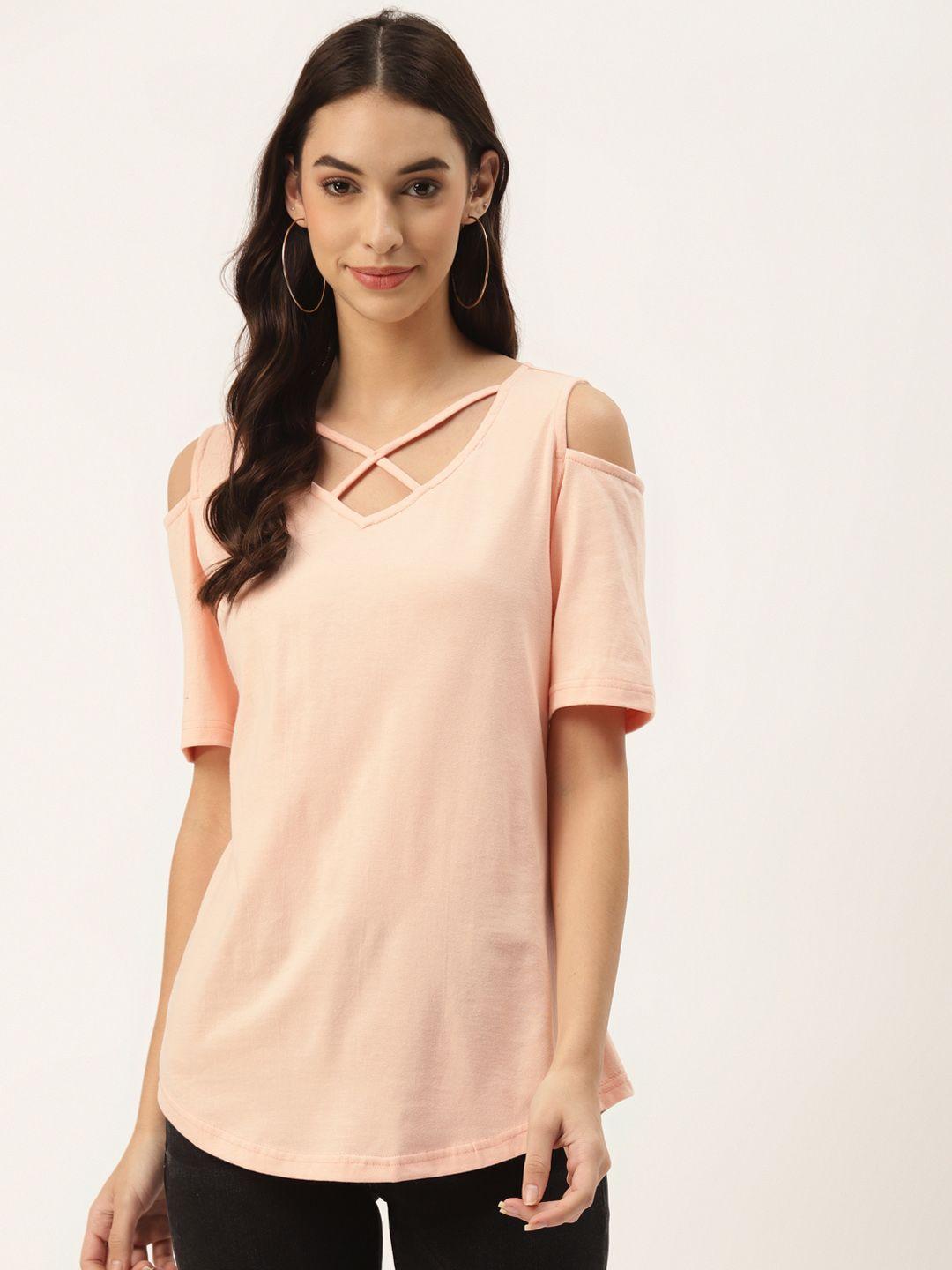 brinns women peach-coloured cotton solid cold-shoulder sleeves top