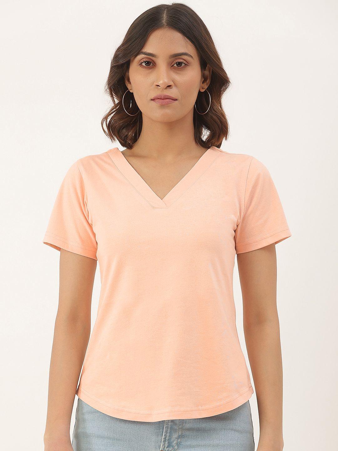 brinns women peach-coloured v-neck cotton t-shirt