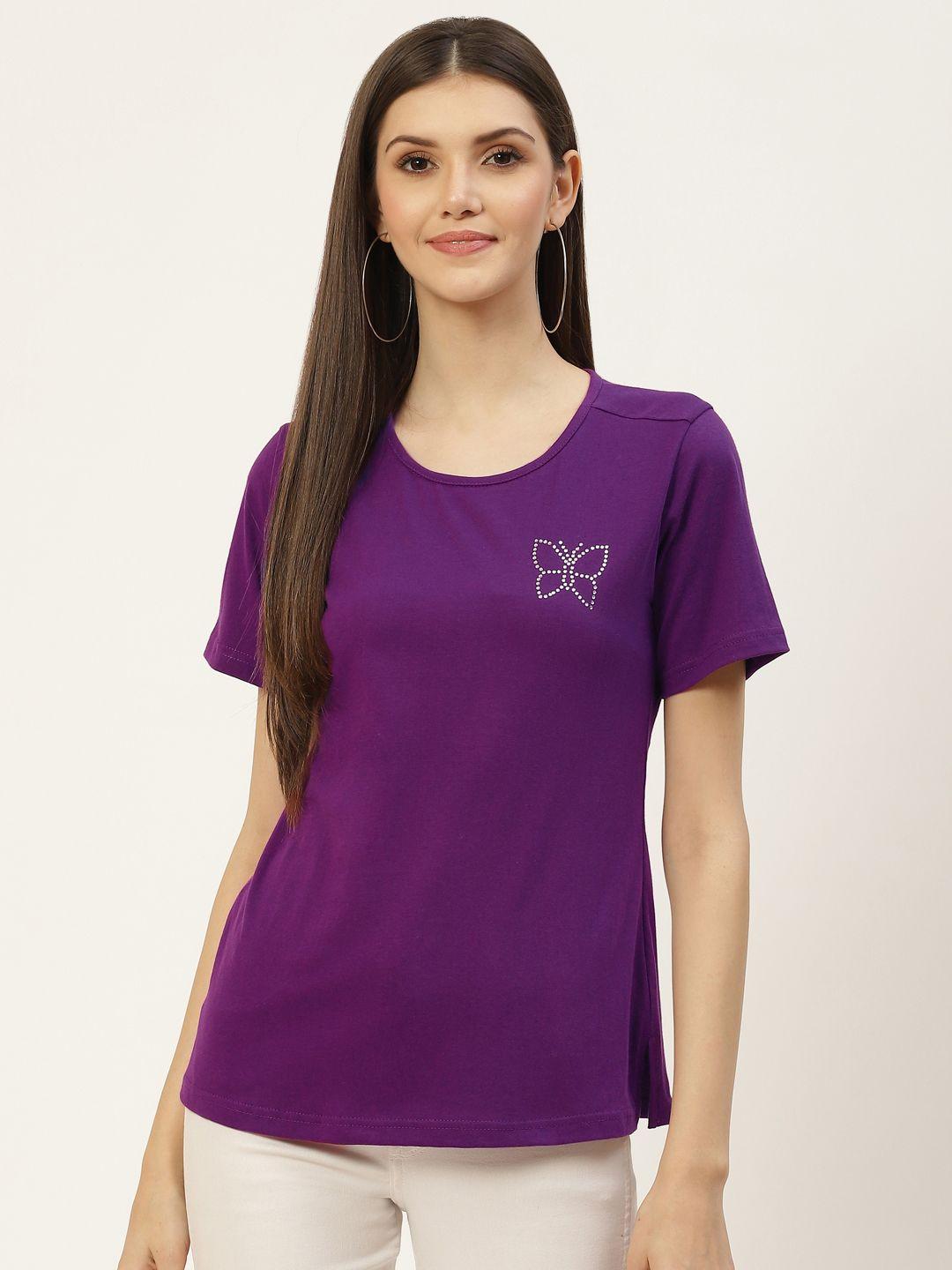 brinns women purple embellished pure cotton t-shirt