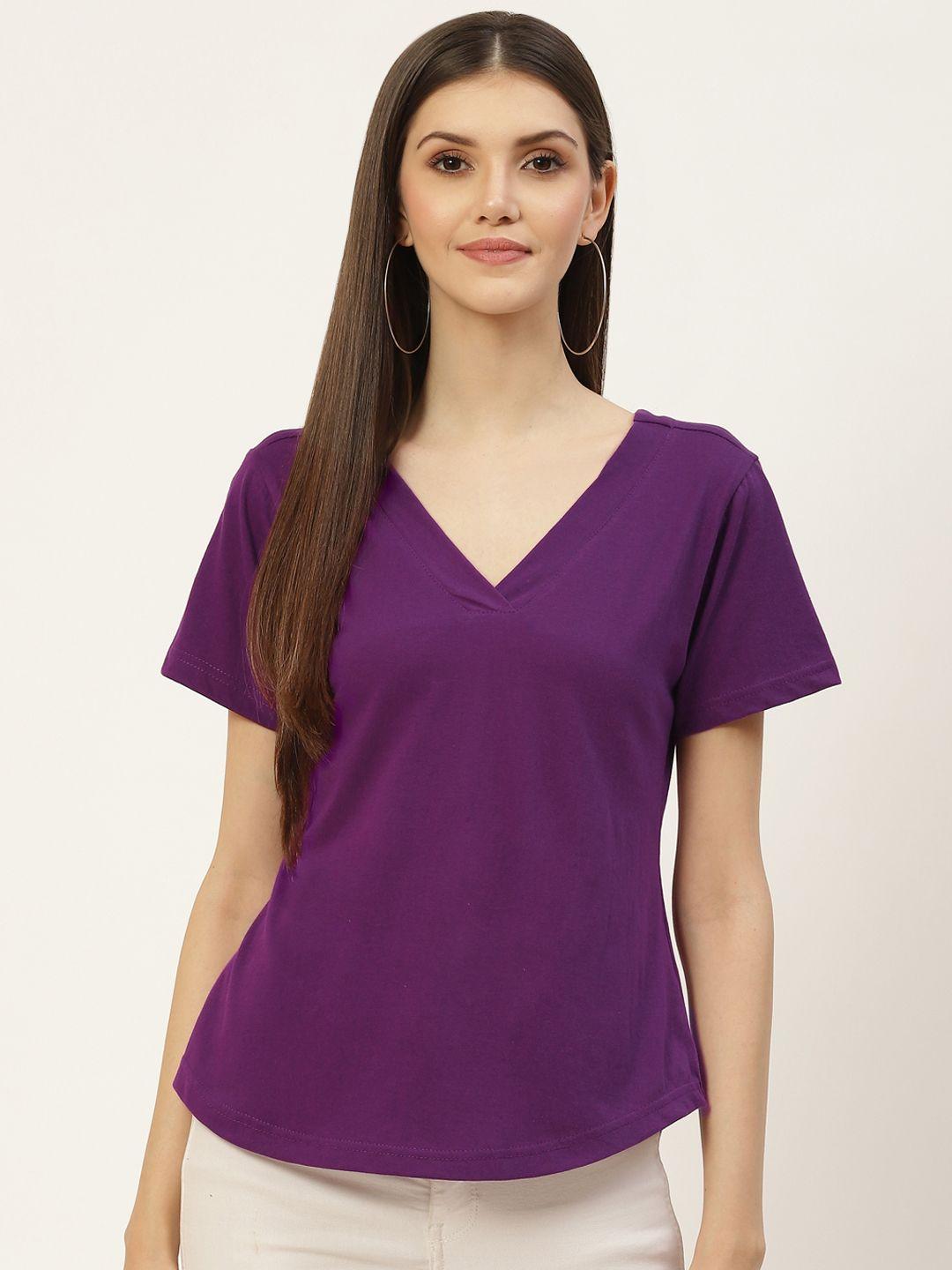 brinns women purple solid pure cotton t-shirt